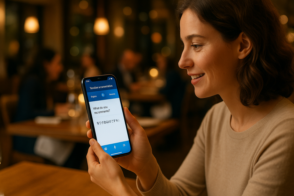 Scène sortie / découverte : Utilisateur dans un restaurant, musée, ou grand magasin, traduisant une conversation ou une info sur place.