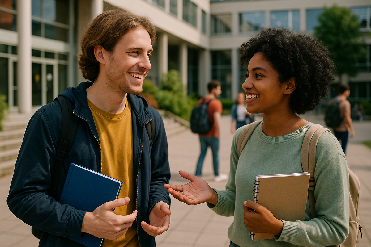 Scène universitaire : Étudiant en Erasmus échangeant naturellement avec un camarade étranger grâce à ZenX.