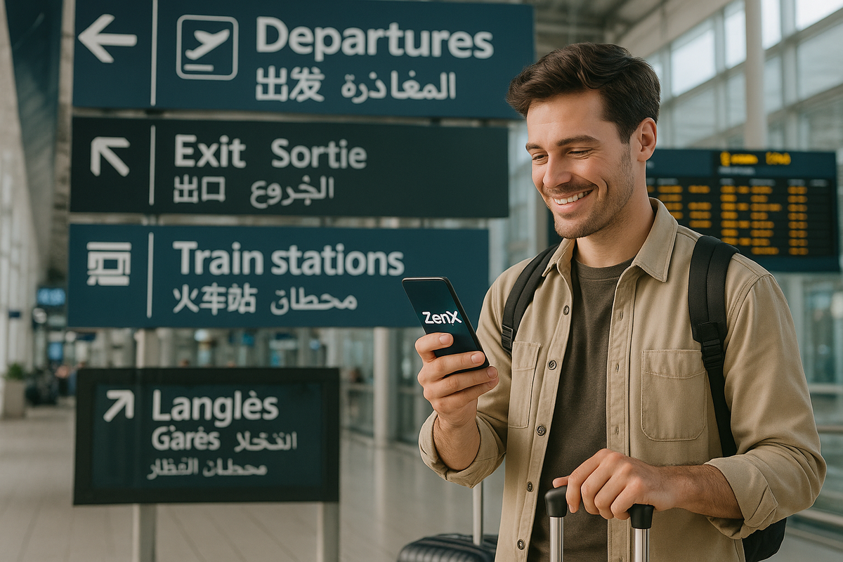 Scène voyage : Personne à l’aéroport ou dans le train utilisant ZenX pour comprendre des informations en plusieurs langues.